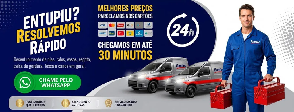 Desentupidora Famitec — Entupiu? Resolvemos rápido. Atendimento 24 horas, orçamento grátis, chegada rápida.